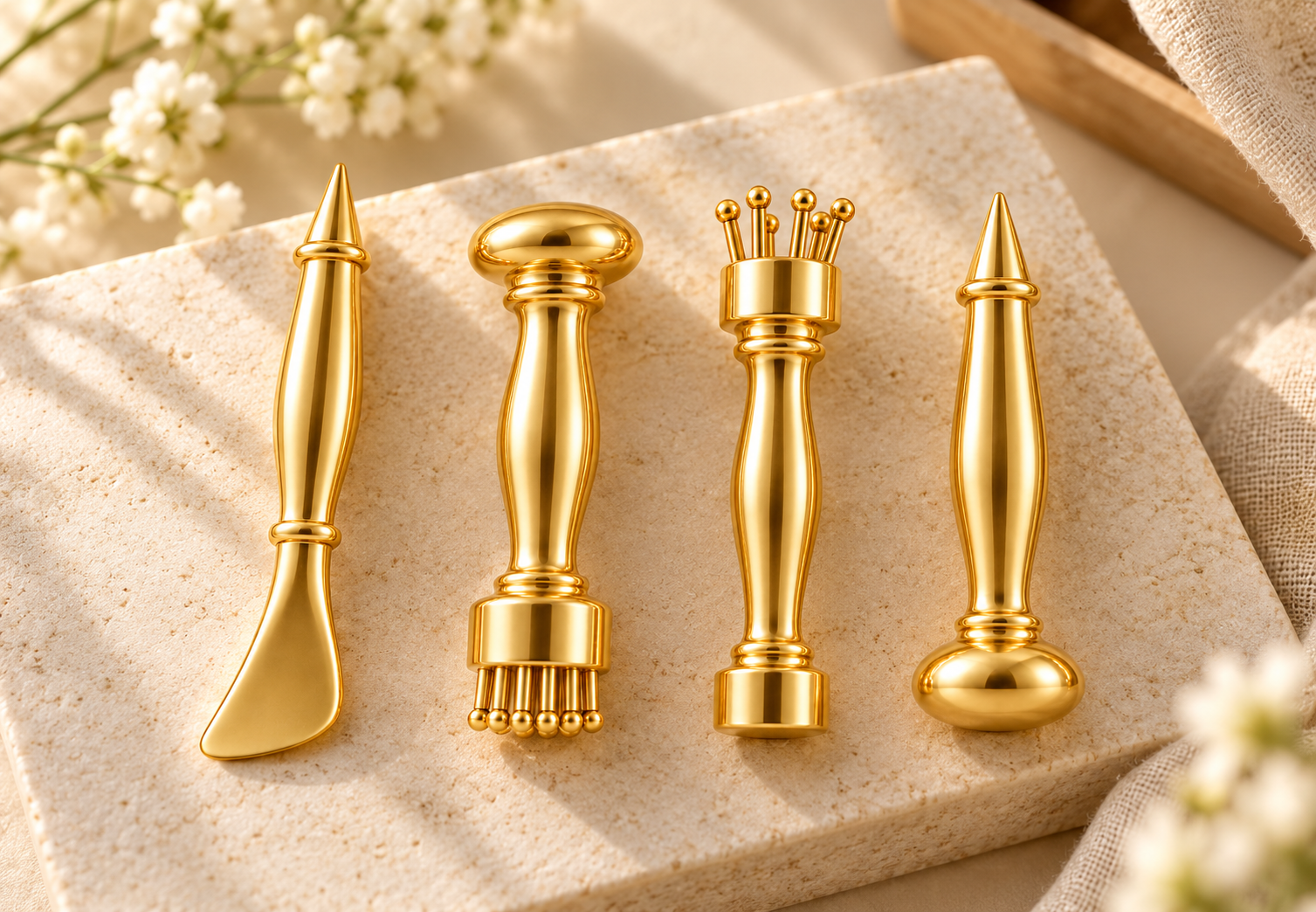 Four gold-colored Chu Zhen tools standing on a stone surface