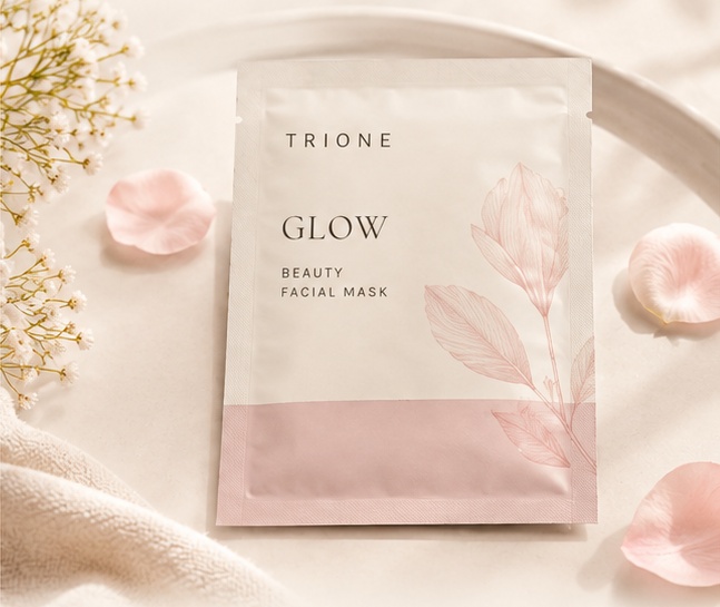 Concept image of the TRIONE Glow beauty facial mask sachet on pale ceramic
