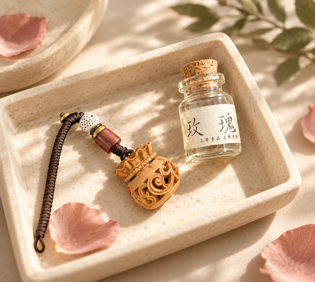 TRIONE BREATHE rose aroma pendant and rose aroma bottle