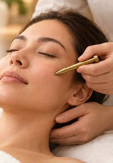 Woman receiving gentle facial acupoint massage with a rounded gold-colored Chu Zhen tool