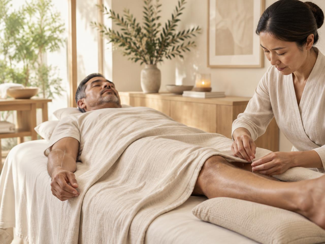 Adult patient receiving professional acupuncture in a calm treatment room