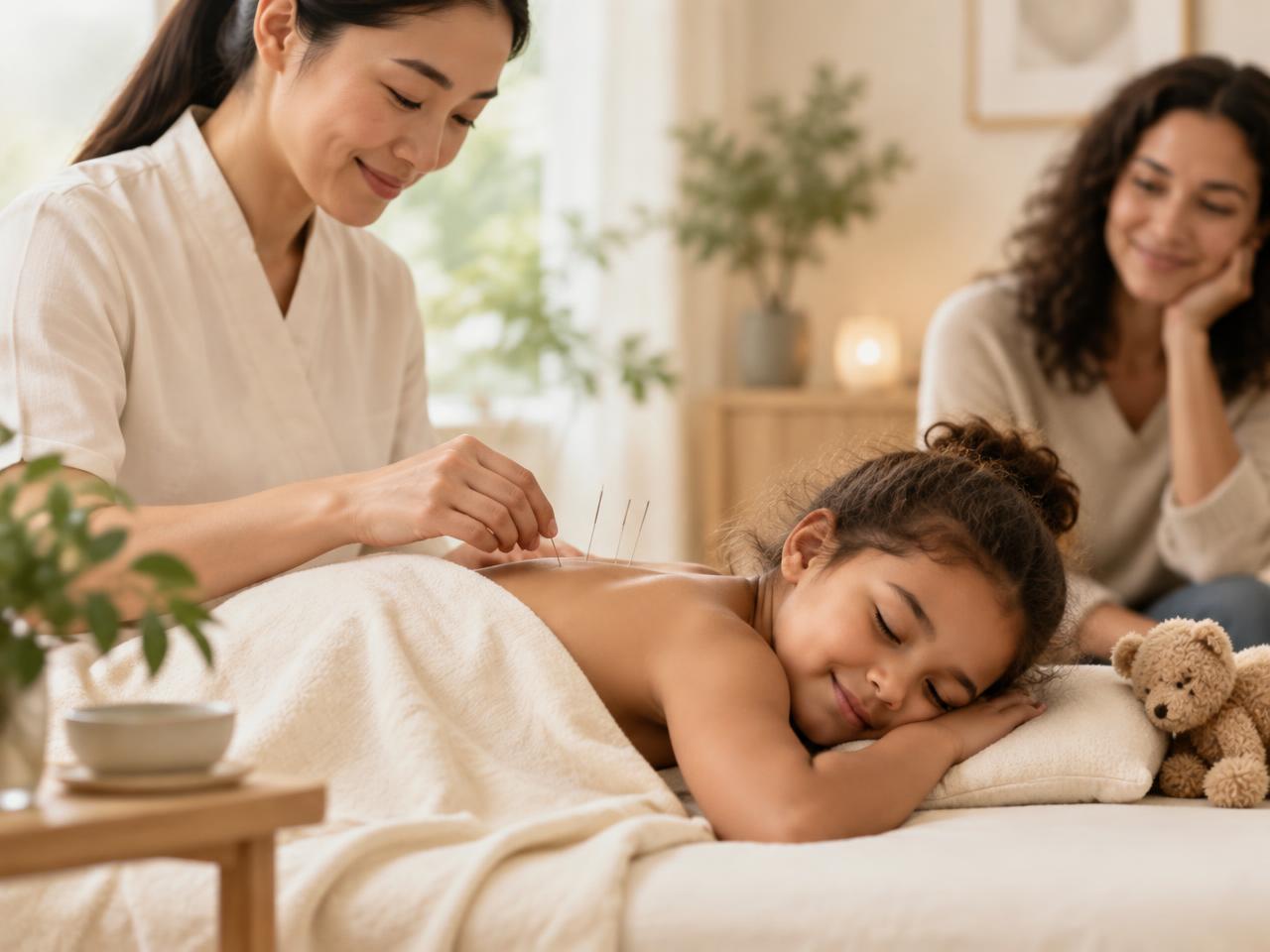 Relaxed child receiving gentle professional acupuncture with a parent nearby