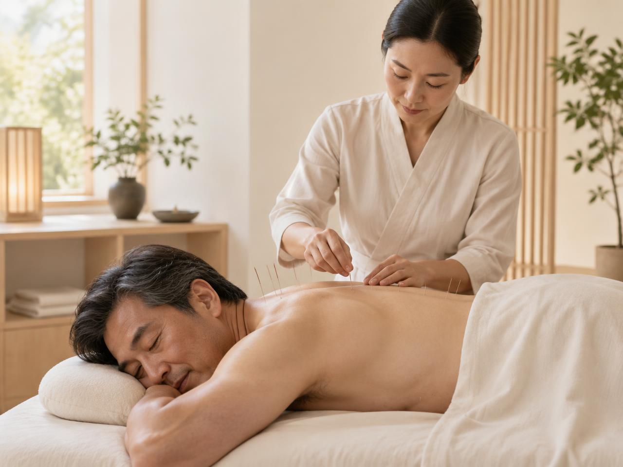 Adult receiving professional acupuncture across the upper back and shoulders