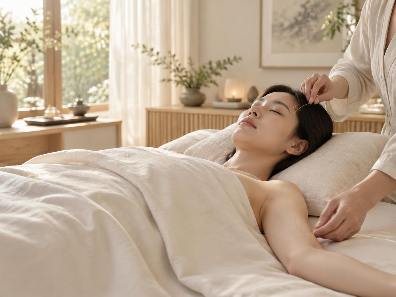 Patient resting peacefully during professional acupuncture treatment