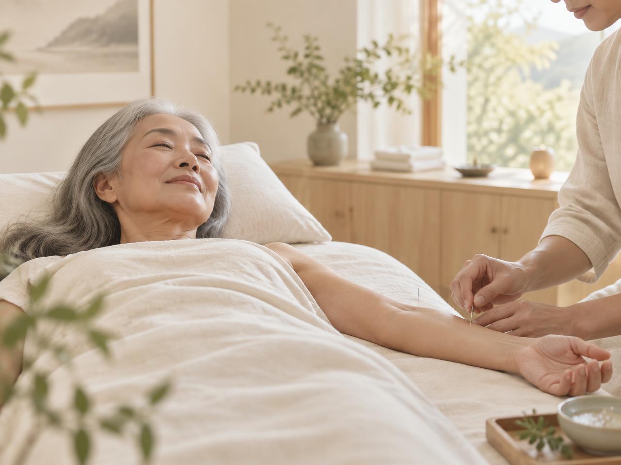 Older adult receiving professional acupuncture on the arm