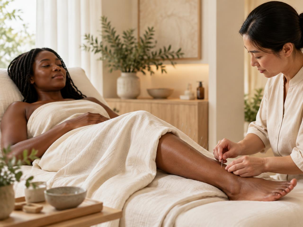 Adult woman receiving professional acupuncture on the lower leg