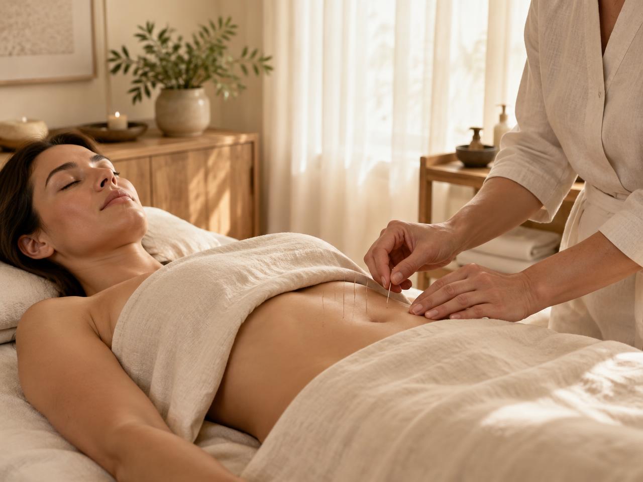 Adult woman receiving professional acupuncture in a calm treatment room