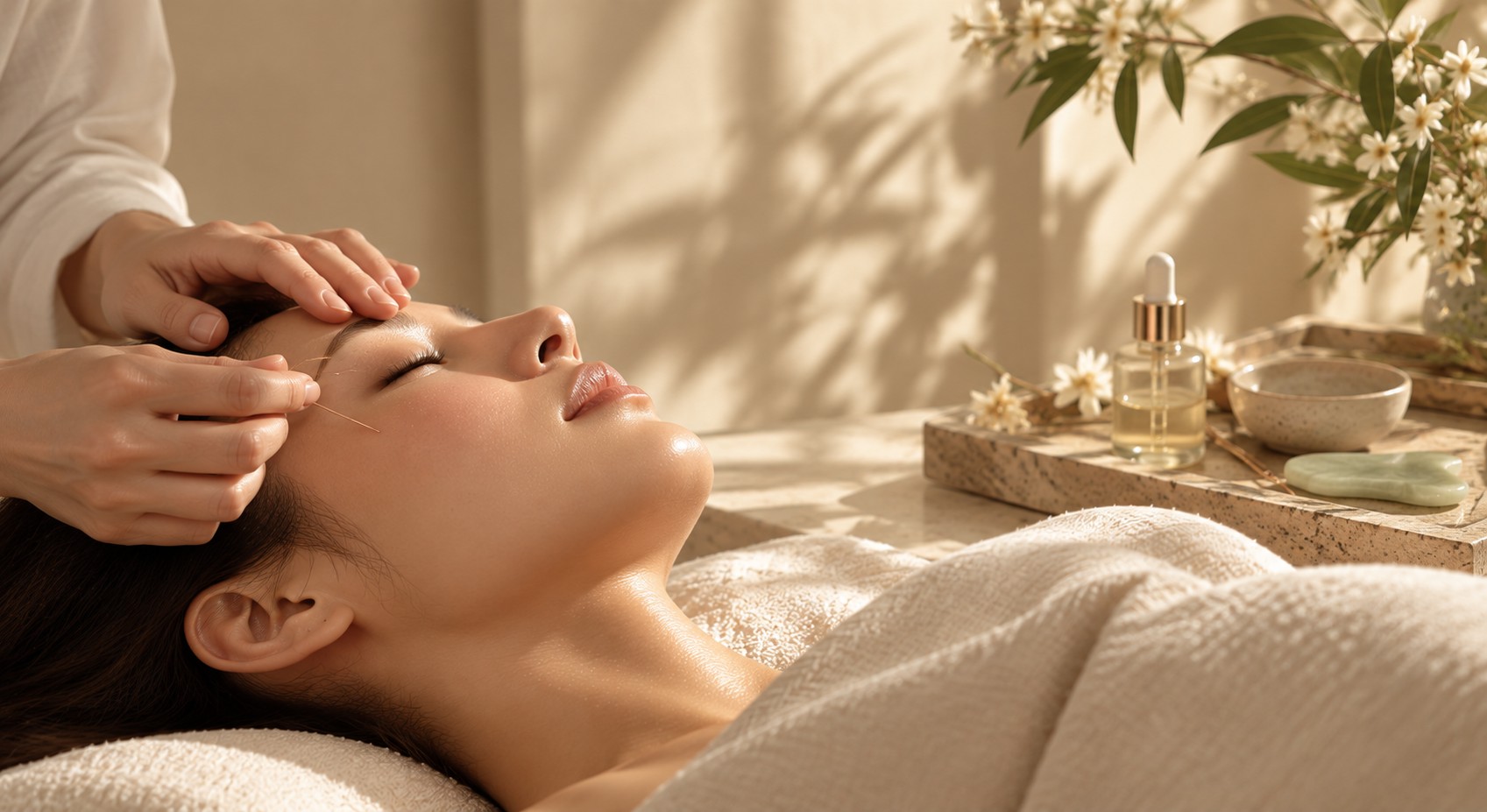 Practitioner performing gentle facial acupuncture beside botanical skincare