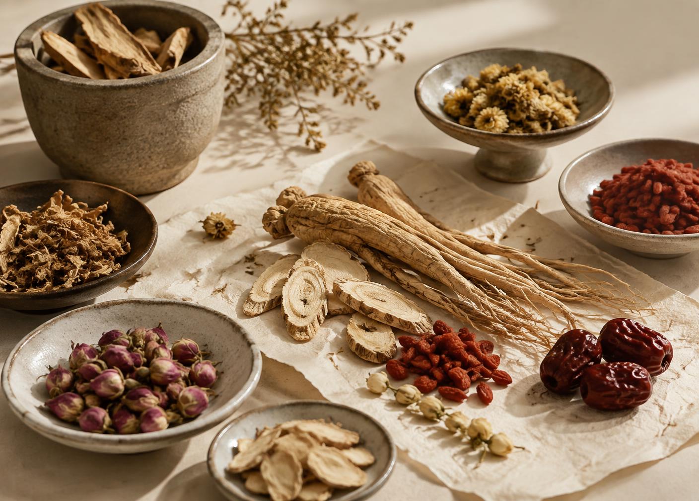 Dried Chinese herbs, roots, and blossoms in stoneware dishes