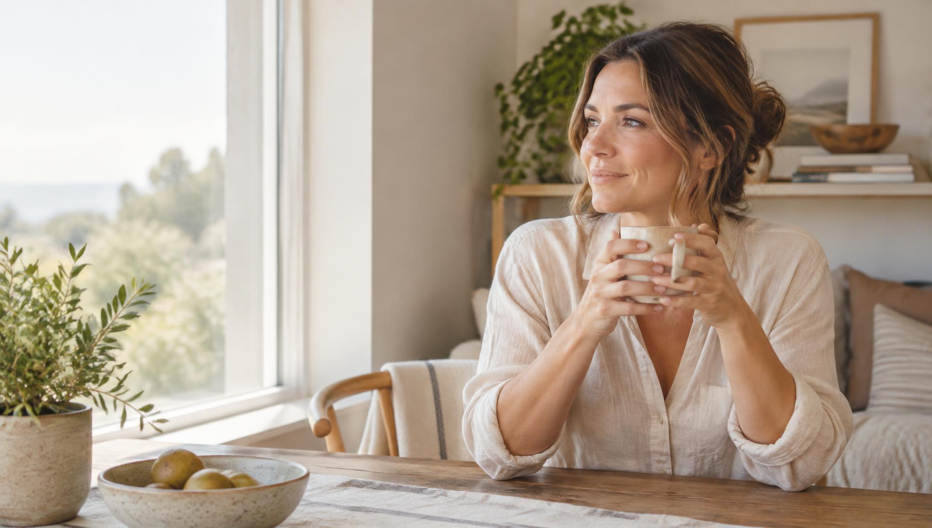 A woman holding a cup of tea by a sunlit window at home