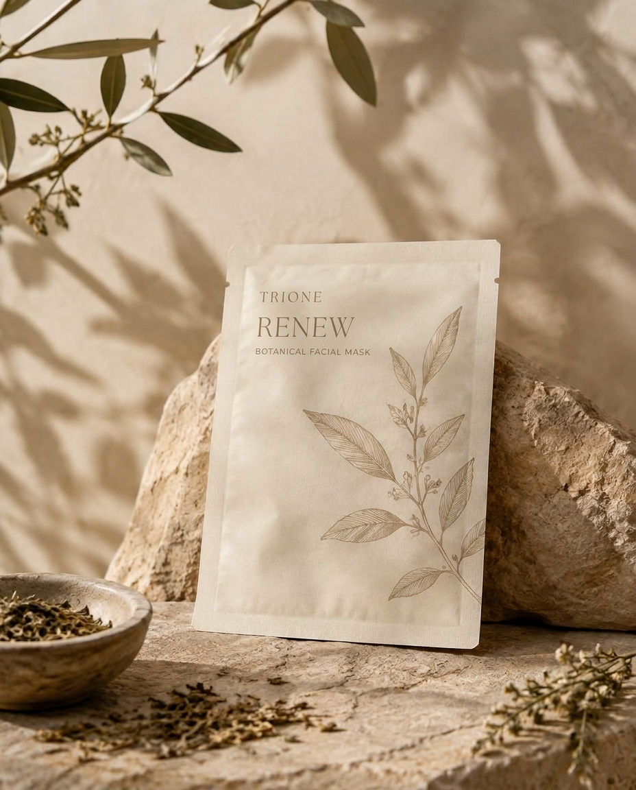 Concept image of the TRIONE Renew botanical facial mask sachet on natural stone