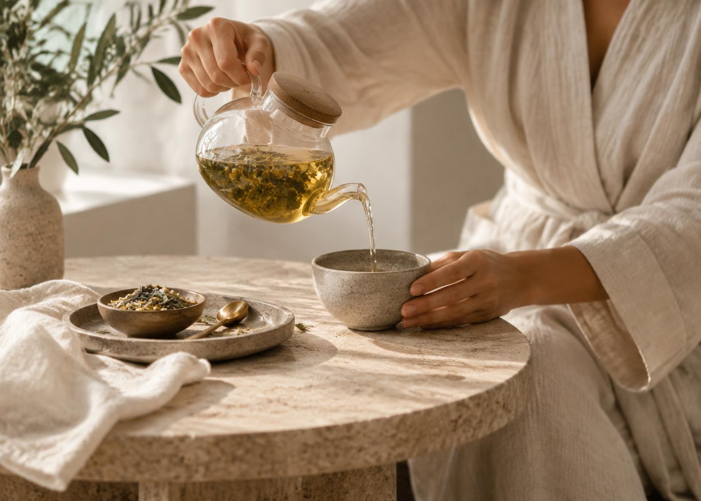 Pouring botanical tea into a stoneware cup in soft morning light